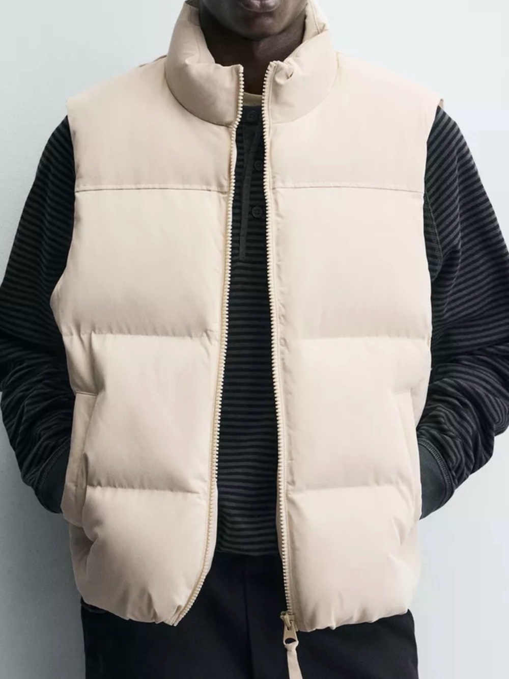 Zara Men's Cream Puffer Vest - Quilted Stand Collar